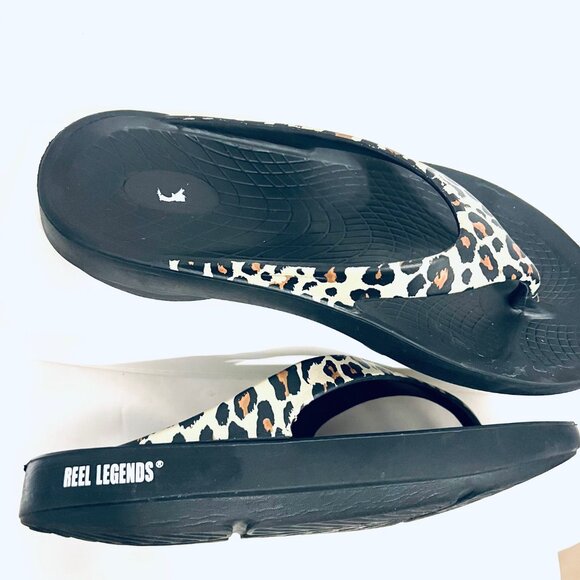 Reel Legends-Unisex-Black/Leopard Print Flip Flops-Arch Support-W 9, M 7-Comfy - Picture 4 of 16